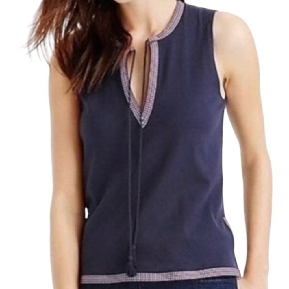 J.Crew Navy Blue Embroidered Tassel Tie Keyhole Boho Sleeveless Top Size Medium